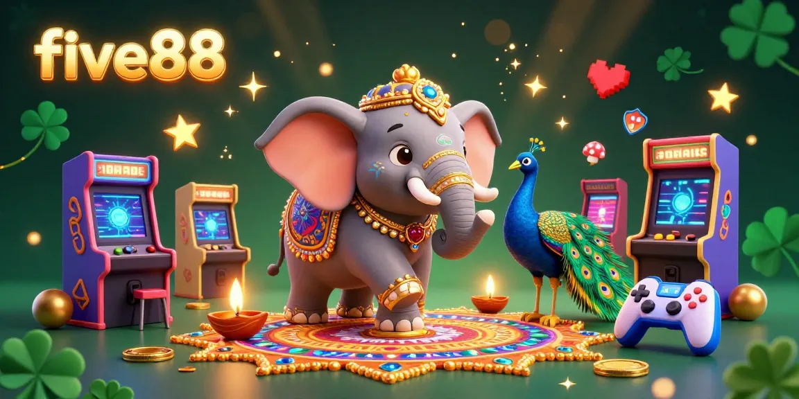 Experience the excitement of five88 with this vibrant 3D casino scene featuring an elephant and peacock amid colorful gaming elements.
