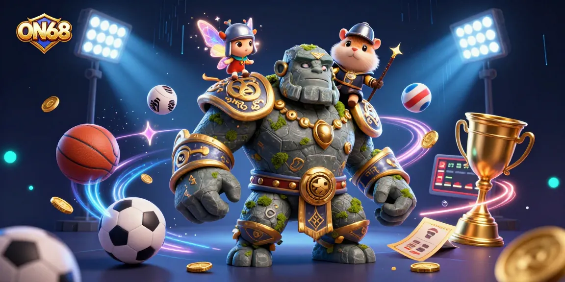 Engage in thrilling bets with ON68 at a vibrant 3D casino scene filled with sports action and magic.