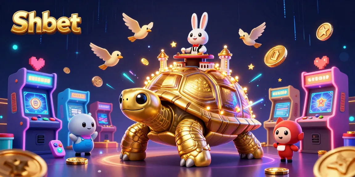 Experience Shbet's exciting casino activities with a golden tortoise, rabbit dealer, and flying coins.