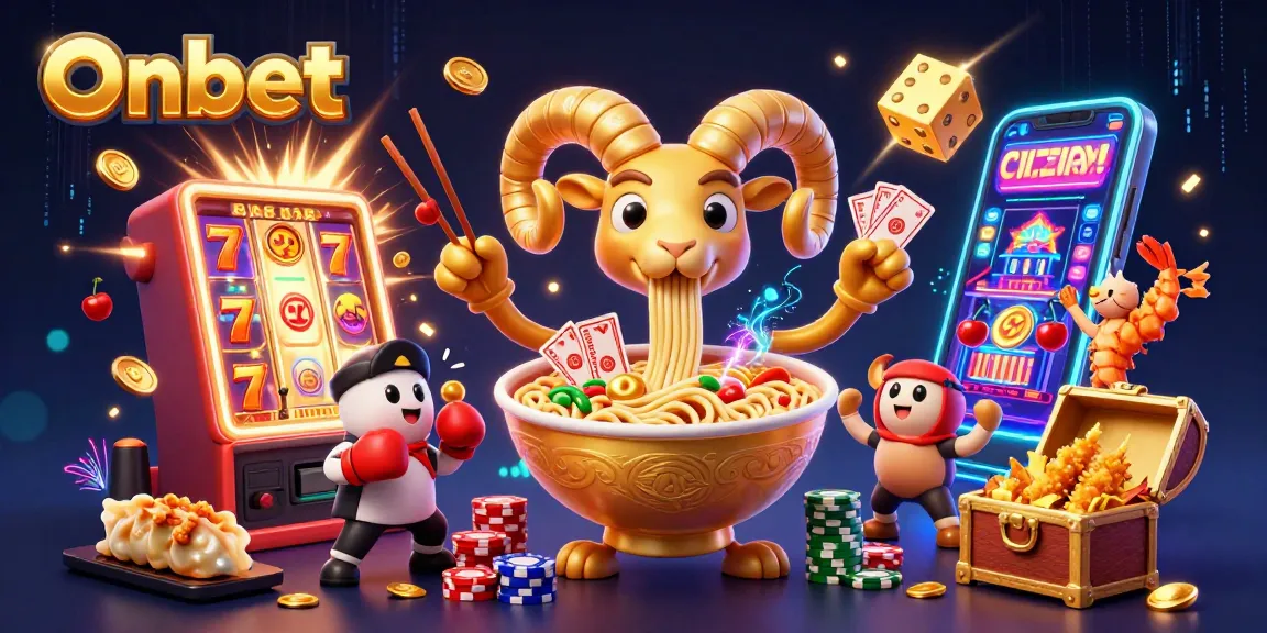 Experience Onbet's thrilling casino world with a vibrant 3D illustration showcasing dynamic gaming elements.