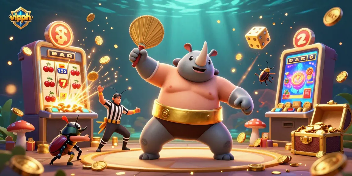 Engage in thrilling VIPPH casino action with a beetle champion amidst a vibrant game lobby.