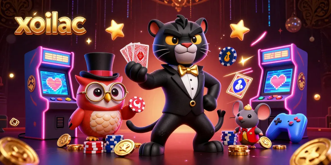 Join the excitement with xoilac as the panther deals cards amid vibrant arcade elements and glowing coins.