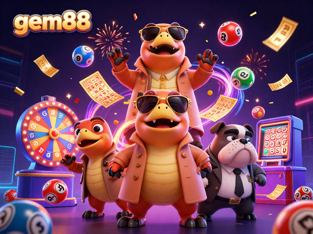 gem88 showcases raptors in a trench coat at a VIP casino, bursting lottery balls and festive elements.