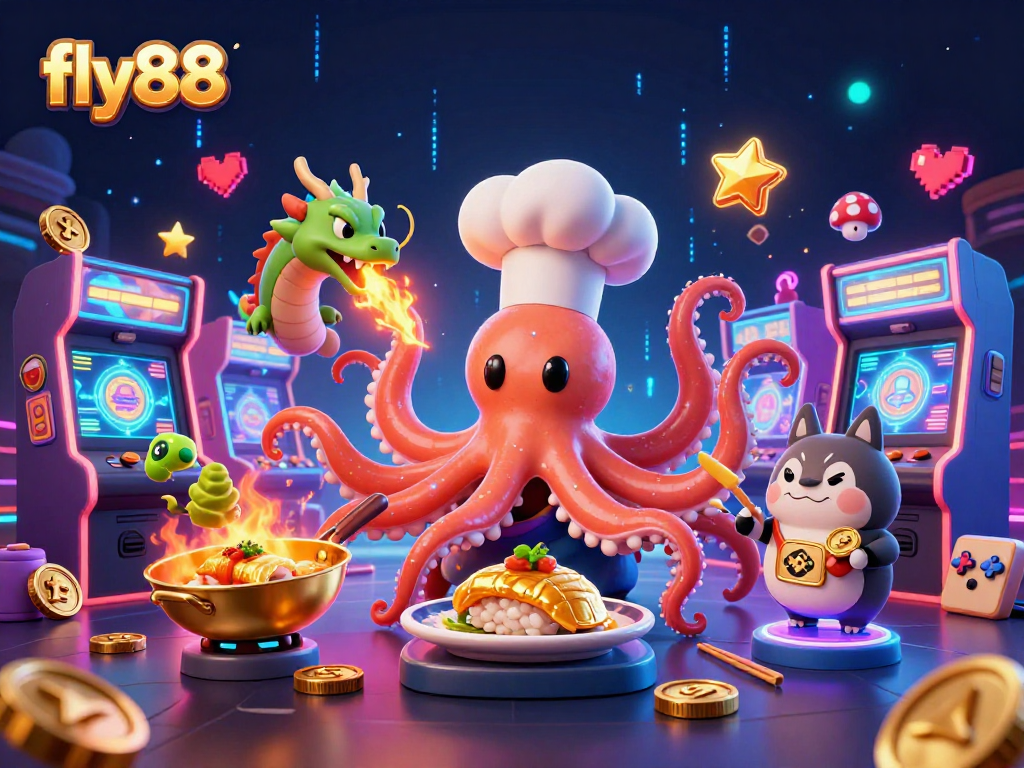 Experience the excitement of fly88 with vibrant illustrations of a sushi chef octopus and his dragon companion.