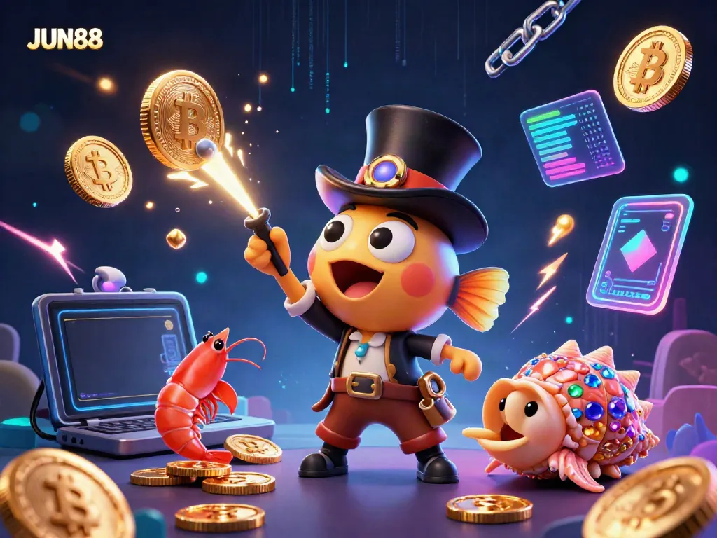 Catch rewards with JUN88 as a glowing anglerfish leads the way, surrounded by vibrant crypto elements.