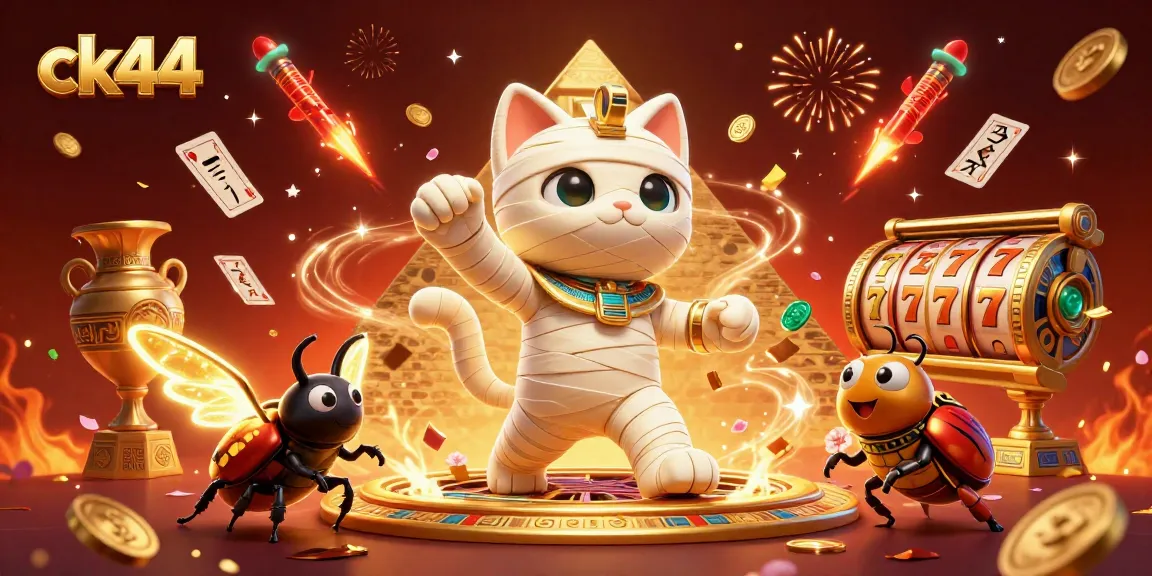 Play exciting casino games with ck44 featuring a dynamic scene of a mummy cat and scarab beetle