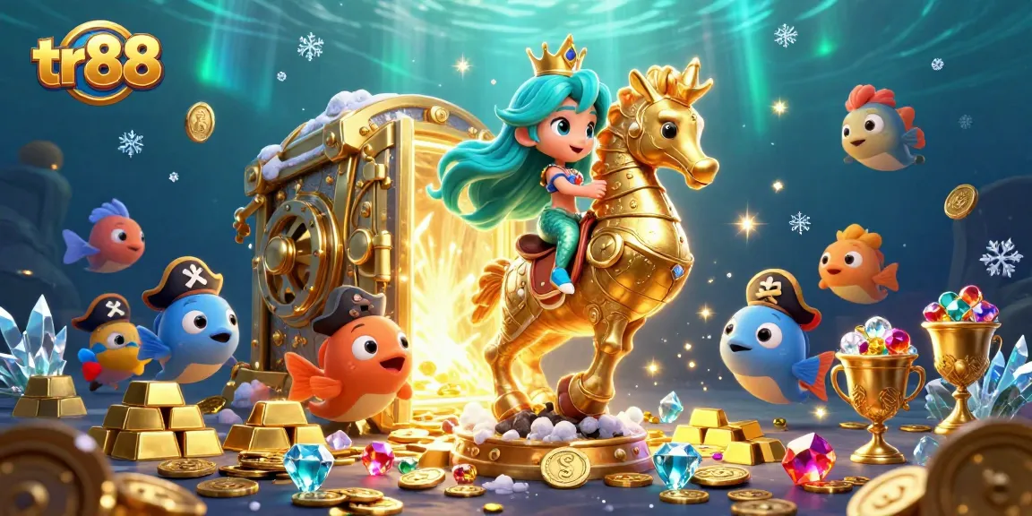 Play exciting casino games with TR88's vibrant illustrated scene, featuring treasure and lively characters.