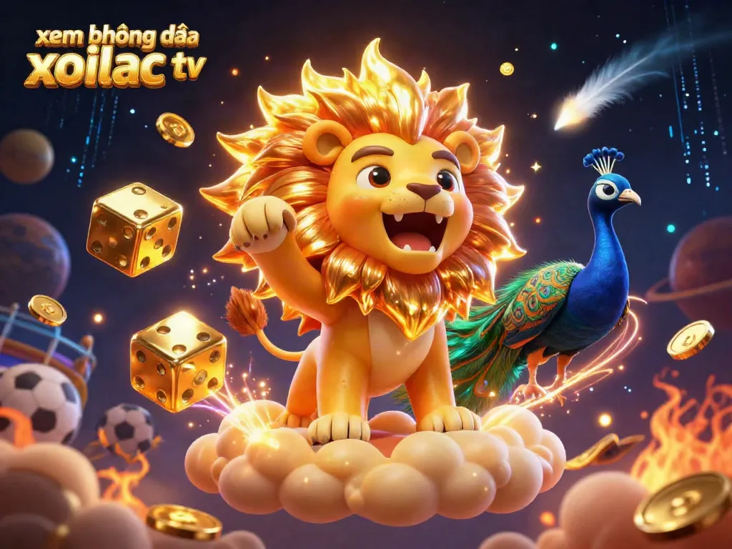 Experience xem bóng đá xoilac tv with a lively illustration featuring a roaring lion against cosmic casino elements.