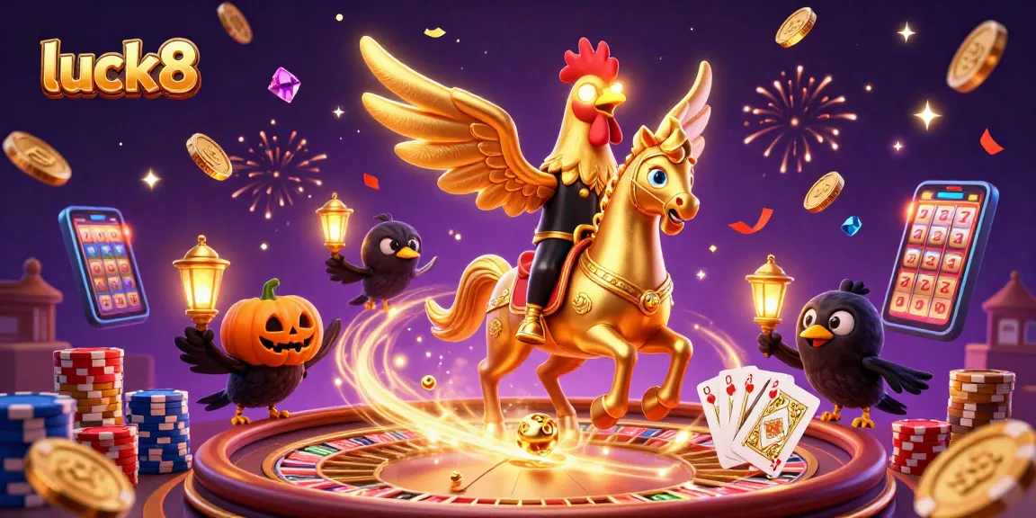 Experience luck8 with vibrant casino action featuring a golden rooster and magical elements.