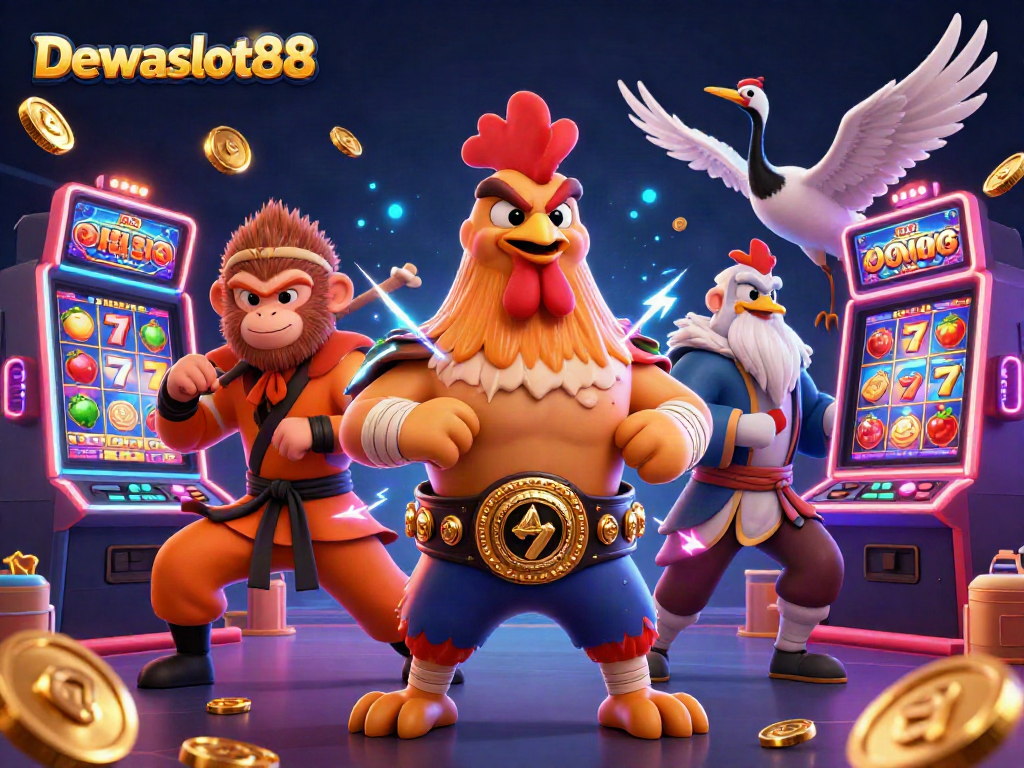 Dewaslot88 showcases a vibrant 3D scene with a Muay Thai rooster, Shaolin monkey, and crane master amid colorful slot machines