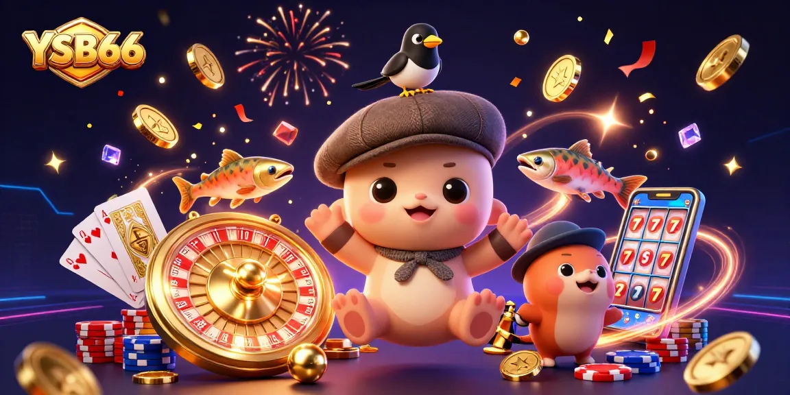 Engage with YSB66's vibrant casino experience featuring a playful Loch Ness monster amidst sparkling coins and vibrant game elements.