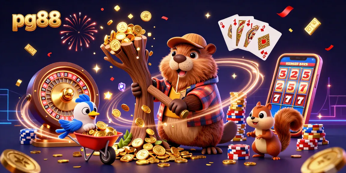 Experience excitement with pg88's vibrant 3D casino illustration featuring a playful beaver and treasures.