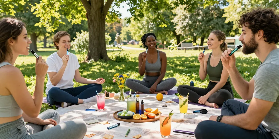 Explore thc vapes uk through vibrant outdoor wellness gathering with individuals enjoying CBD and vape products surrounded by nature.