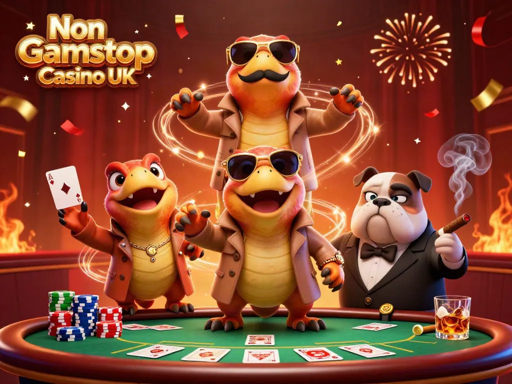 Three raptors in a trench coat trying to enter a VIP area at a Non Gamstop Casino UK, surrounded by poker elements.