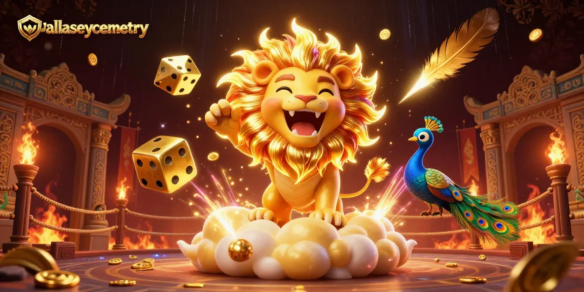 Experience high-stakes excitement at wallaseycemetery with golden dice and roaring lion in an electrifying casino setting.