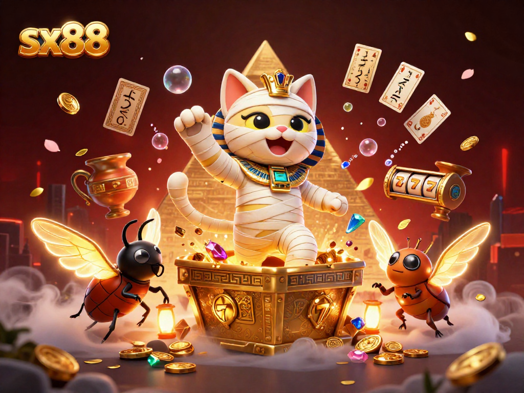 SX88 illustrates an Egyptian mummy cat and gold treasure in a dynamic casino setting.