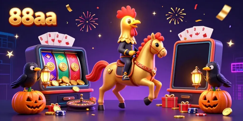 Experience 88aa gaming excitement with golden rooster and friends in an engaging casino setting.