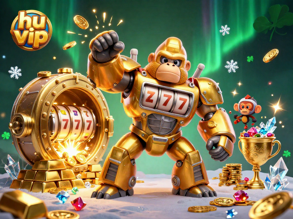 Engage in thrilling gameplay at hu vip with golden gorilla mech and treasure vault bursting with rewards.