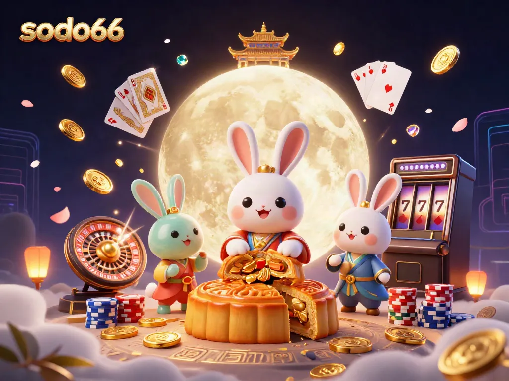 Experience the thrill of sodo66 with vibrant visuals of gaming, moon rabbits, and riches.