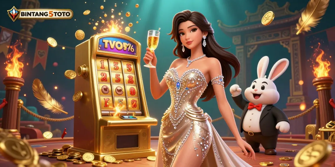 BINTANG5TOTO celebrates winnings at a vibrant casino with a celebratory woman and bunny croupier.