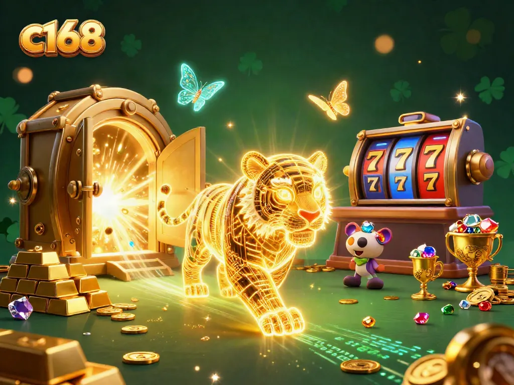Experience the thrilling c168 casino adventure with a neon-wireframe golden tiger amidst vibrant slot reels and treasures.