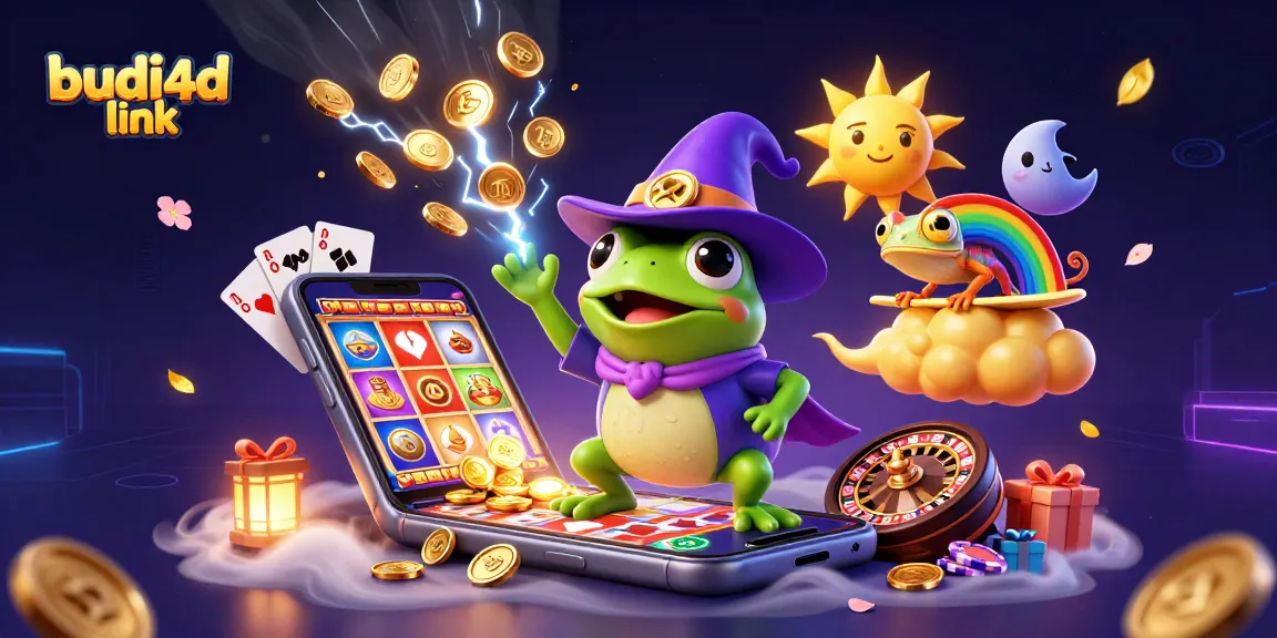 Experience the magic with budi4d link as the weather wizard frog conjures golden coins in a vibrant casino scene.