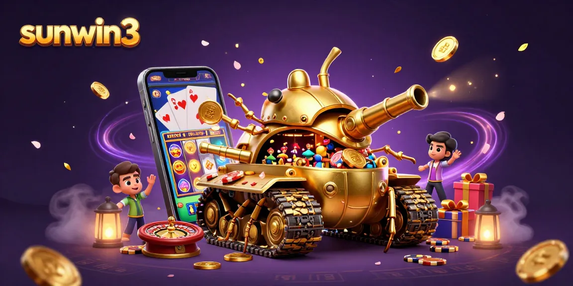 Spin and win on the sunwin3 casino adventure with an engaging 3D scene of a golden beetle tank.