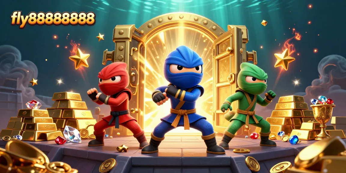 Experience the excitement of fly88888888 with a ninja chameleon team amidst dazzling treasures and casino elements.
