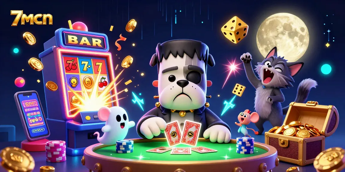 Experience thrilling gameplay with 7mcn as a Frankenstein bulldog deals cards surrounded by vibrant casino elements.