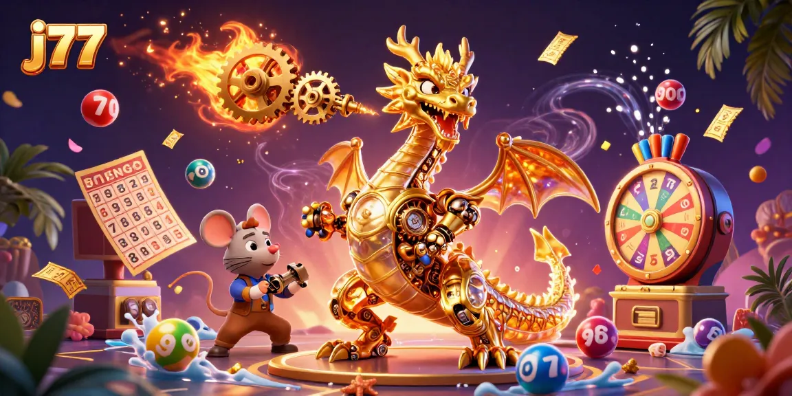 Experience thrilling wins with j77 in a vibrant 3D casino scene featuring a dragon and diverse game elements.