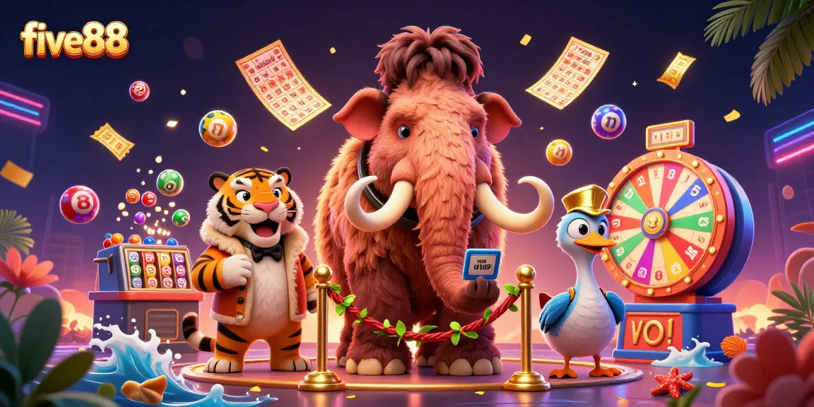 Bettors interact at five88 with a vibrant 3D casino scene featuring colorful lottery balls, and VIP characters.