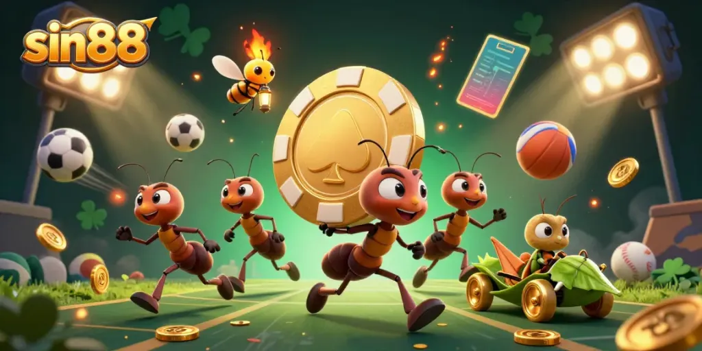 Experience thrilling gameplay at sin88 with a team of ants on a golden poker chip heist amidst vibrant sports elements.