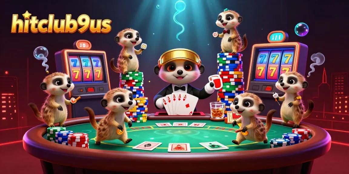 Engage with hitclub9us at a lively meerkat casino featuring poker elements and vibrant slot themes.