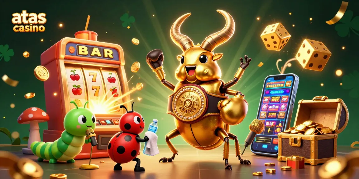 Engage with atas casino through fun game moments with a golden stag beetle champion facing challenges.