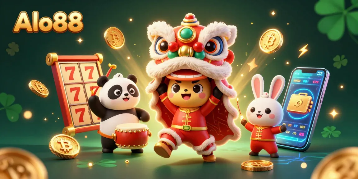 Alo88 enhances gaming excitement with a vibrant 3D casino illustration featuring a lion dance performance amidst slot reels and crypto coins.