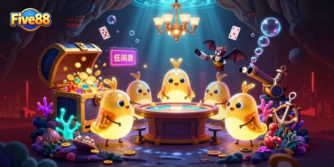 Experience the excitement of Five88 with glowworms lighting up a vibrant cave casino scene.