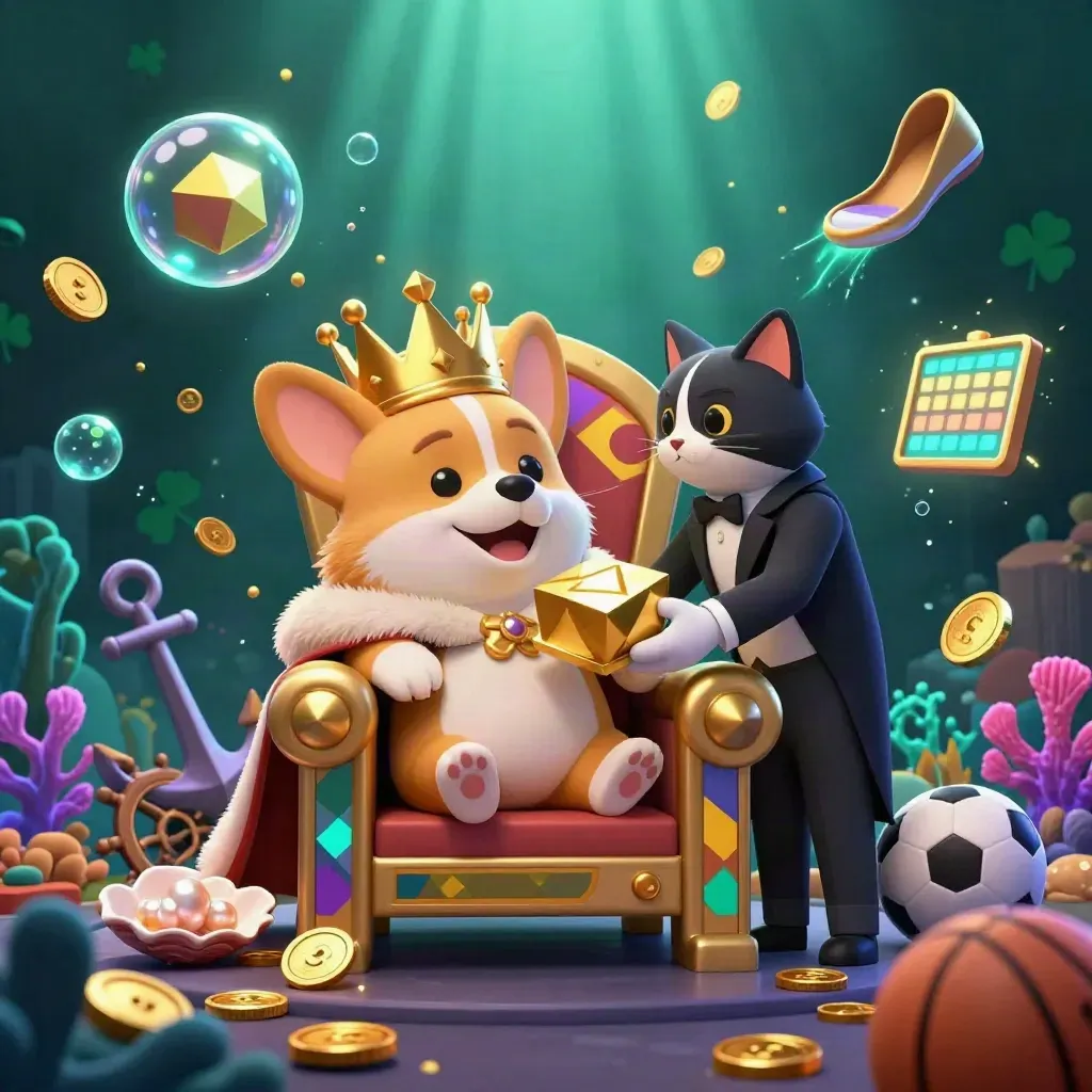Royal corgi and cat butler amid underwater casino treasures and neon sports props