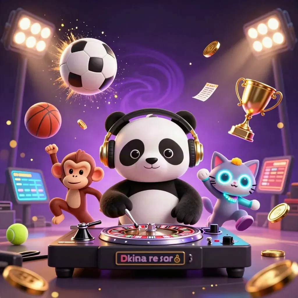 DJ panda, dancing monkey and rave kitten amid flying sports balls, coins and neon casino glow.