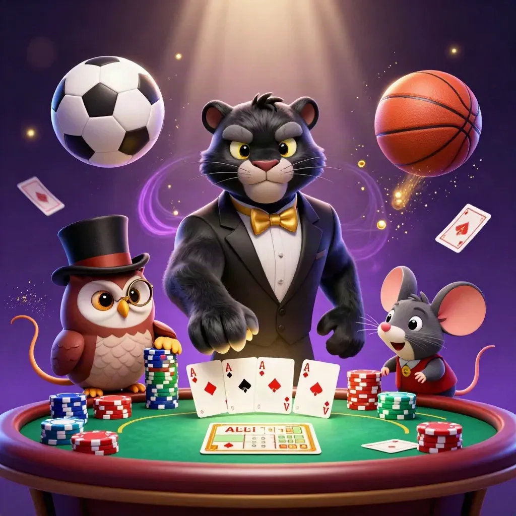 Panther, owl, and mouse amid flying chips, cards, soccer ball, and basketball in neon casino glow.