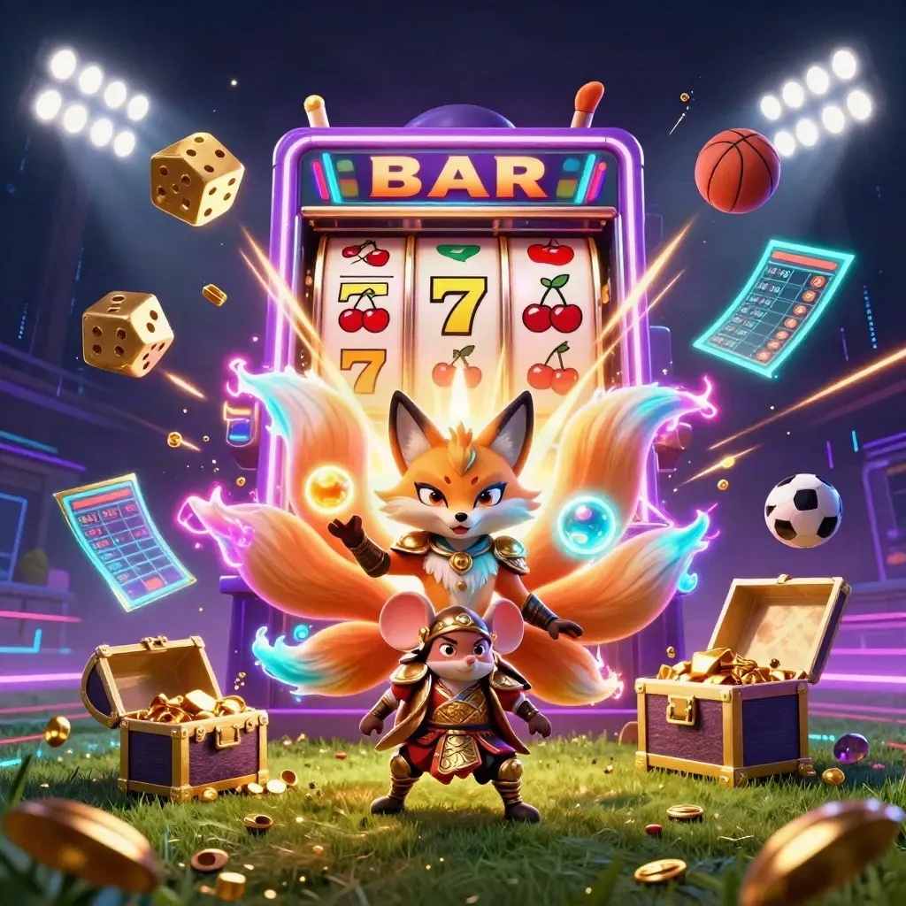 Neon fox spirit and golden-armoured mouse amid slot reels, sports balls and gold in electric haze.