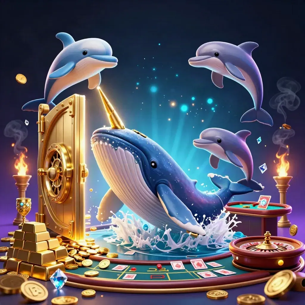 Whale, narwhal, and dolphins in a luxe casino scene with vault, gold, and glowing lights.