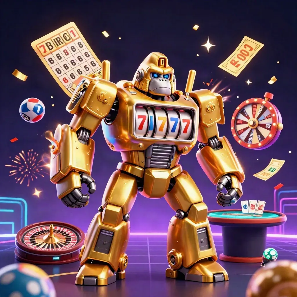 Golden gorilla mech with tiny monkey pilot amid neon casino props, lights and confetti.