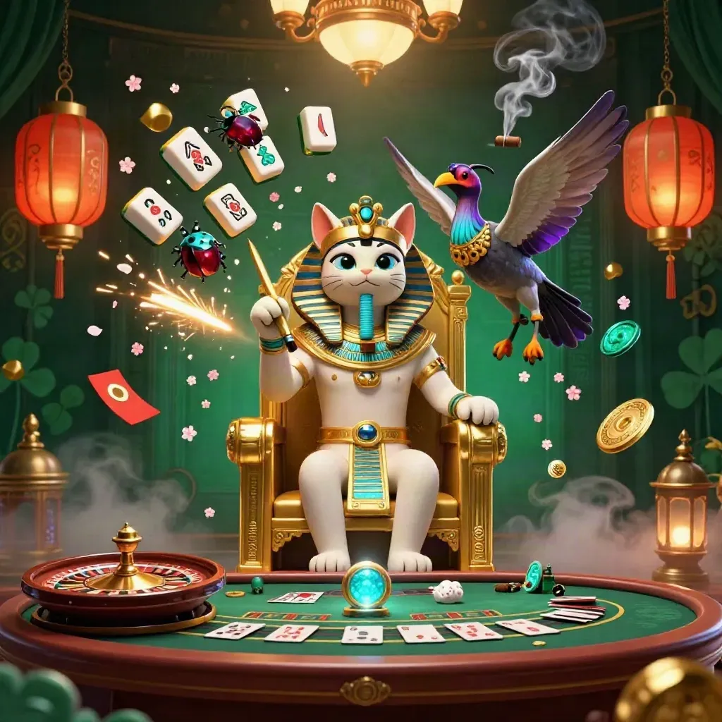 Pharaoh cat, ibis scribe and gem-wing scarabs in a luxe neon casino with lanterns and gold light.