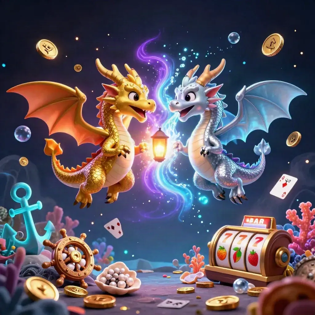 Gold and silver dragons swirl around treasure, coral, coins, cards and neon casino effects.