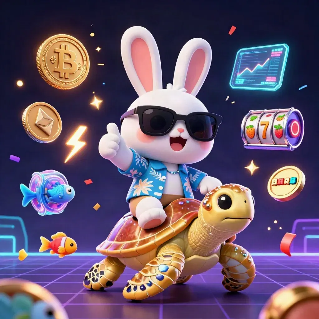 Lucky rabbit rides a gem turtle amid crypto coins, neon effects, and casino energy
