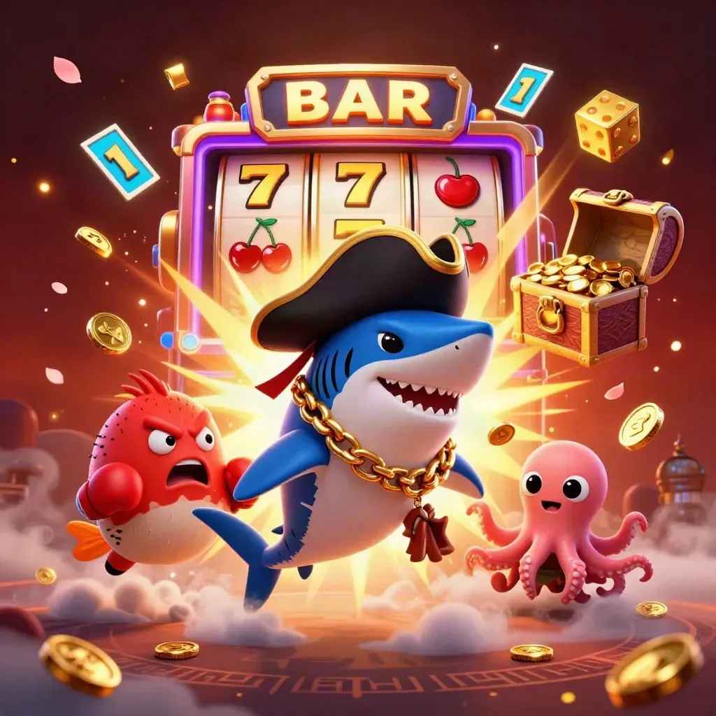 Pirate shark, boxing pufferfish, and coin-juggling octopus explode from a jackpot slot machine.