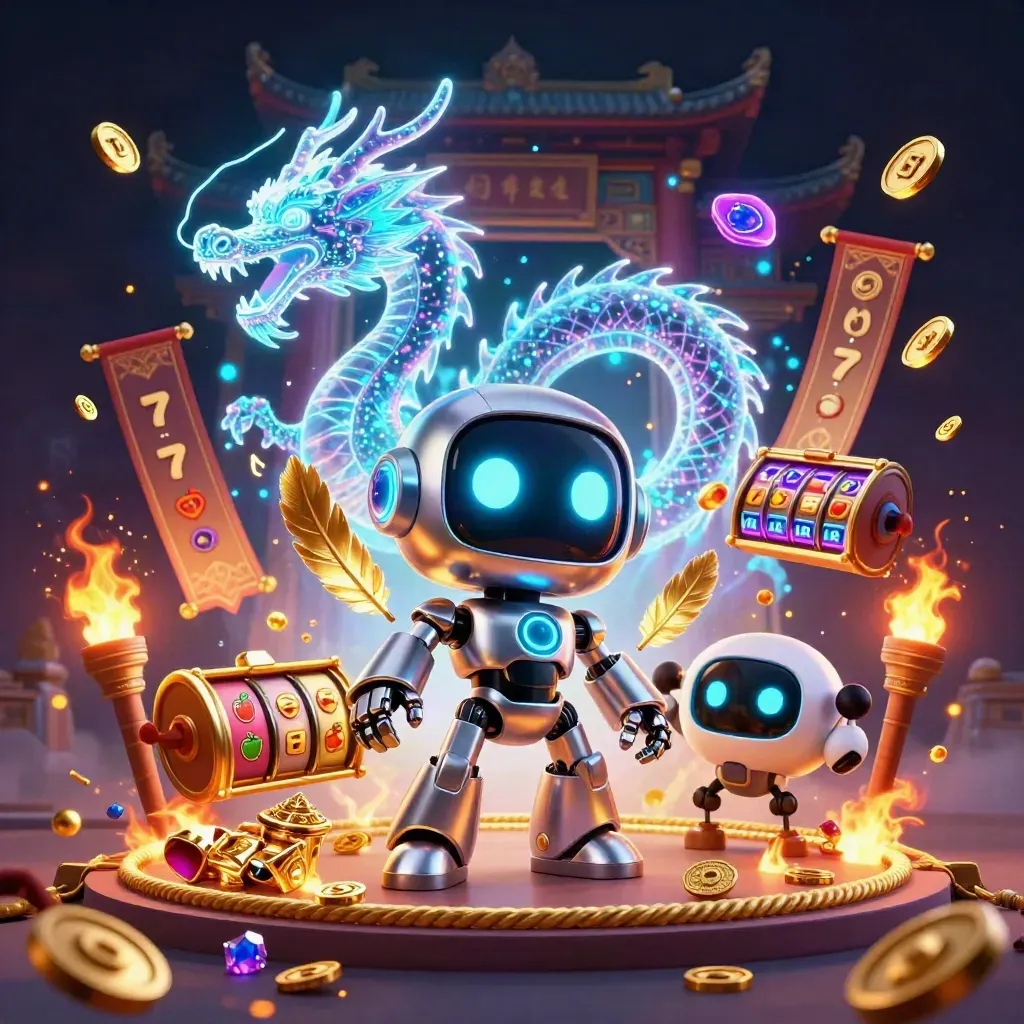 Cyberpunk robot, holographic dragon and coin drone burst through a neon temple and treasure
