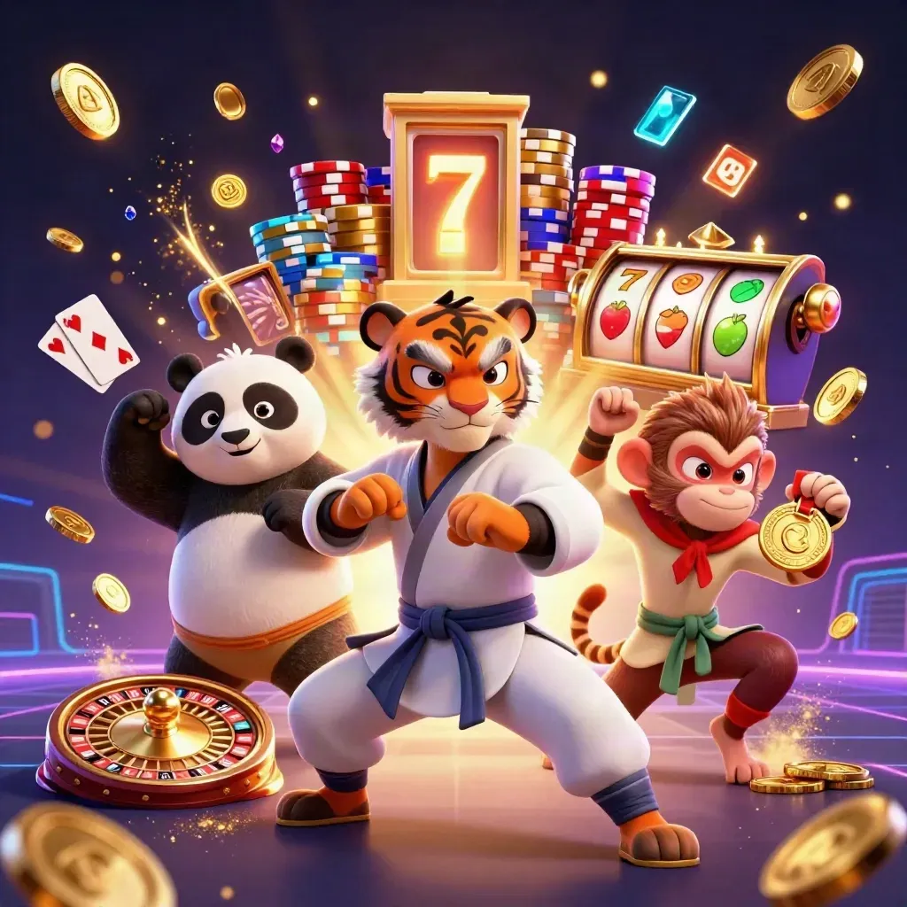 Kung-fu tiger, panda, and monkey casino heroes amid coins, gems, roulette, chips, and neon violet glow.