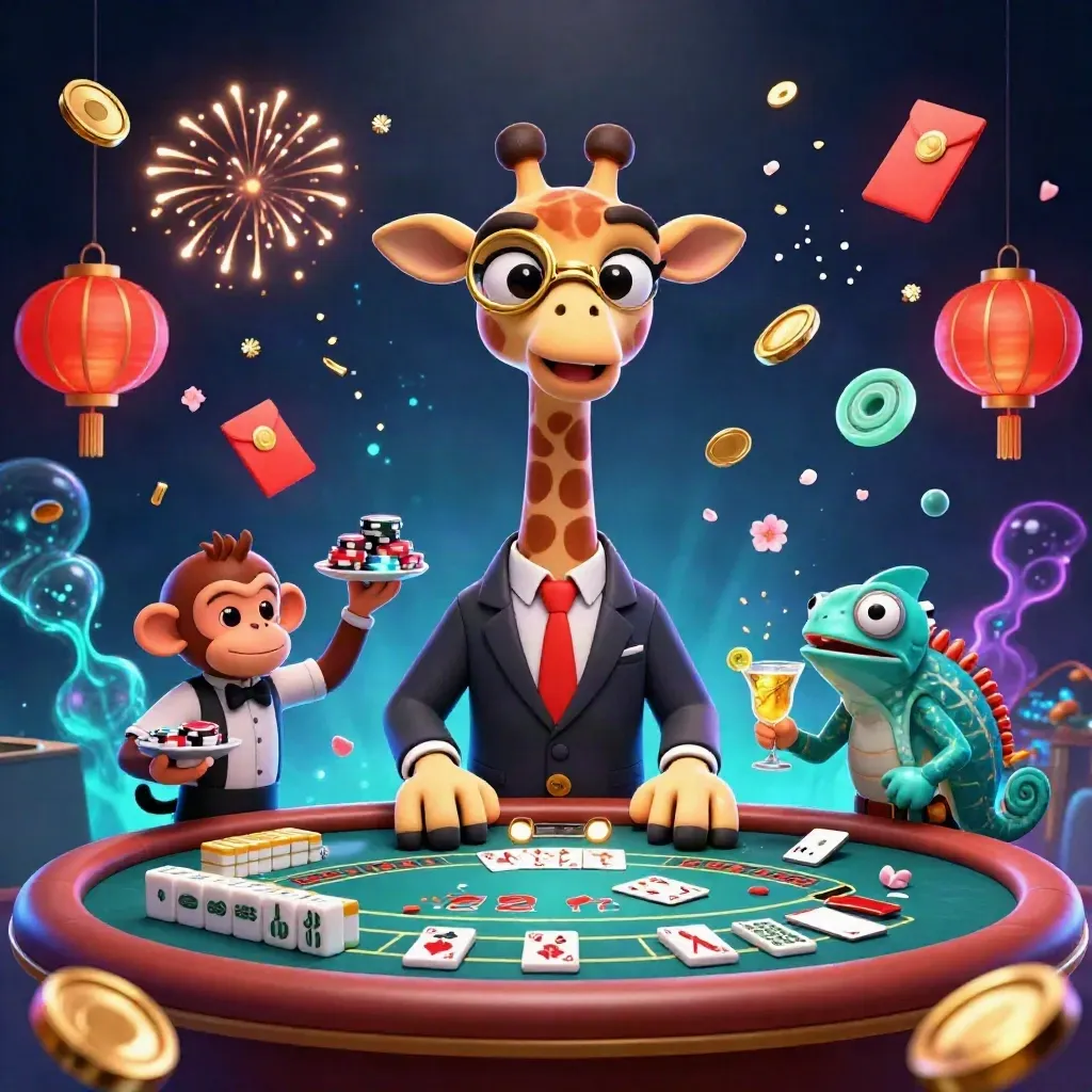 Giraffe, monkey valet and chameleon bartender amid exploding coins, lanterns and casino lights.