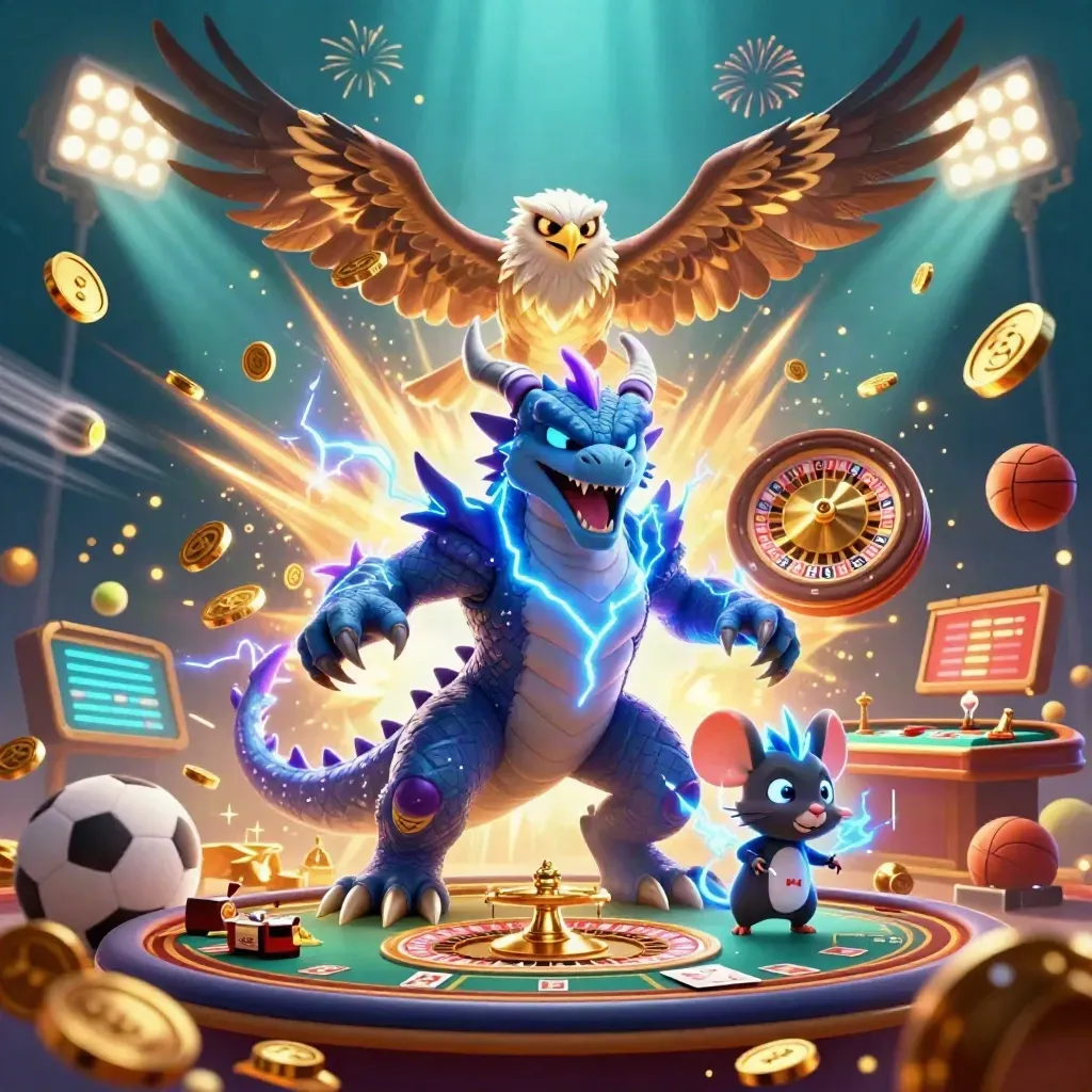 Thunder dragon, wind hawk, and thunder-mouse burst with coins, fireworks, and casino game elements.